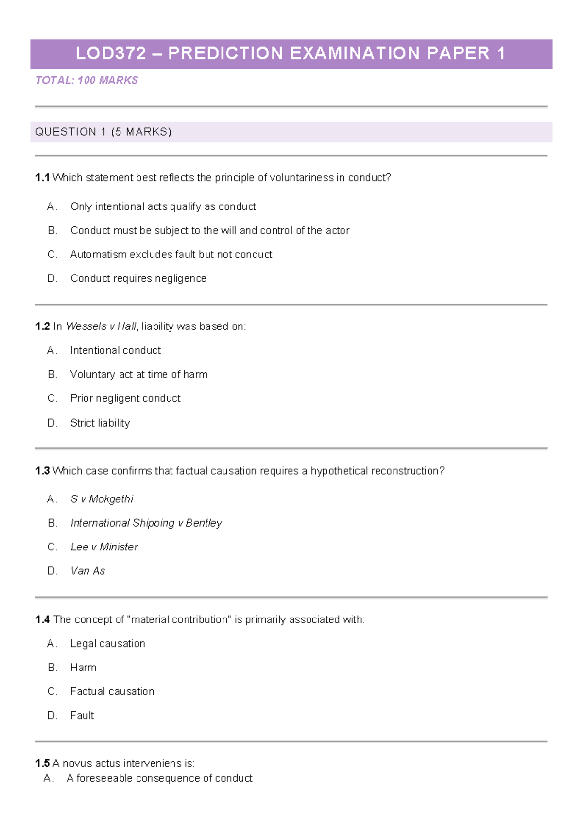 LOD372 PREDICTION EXAMINATION PAPER 1: KEY CONCEPTS & CASES - Studocu