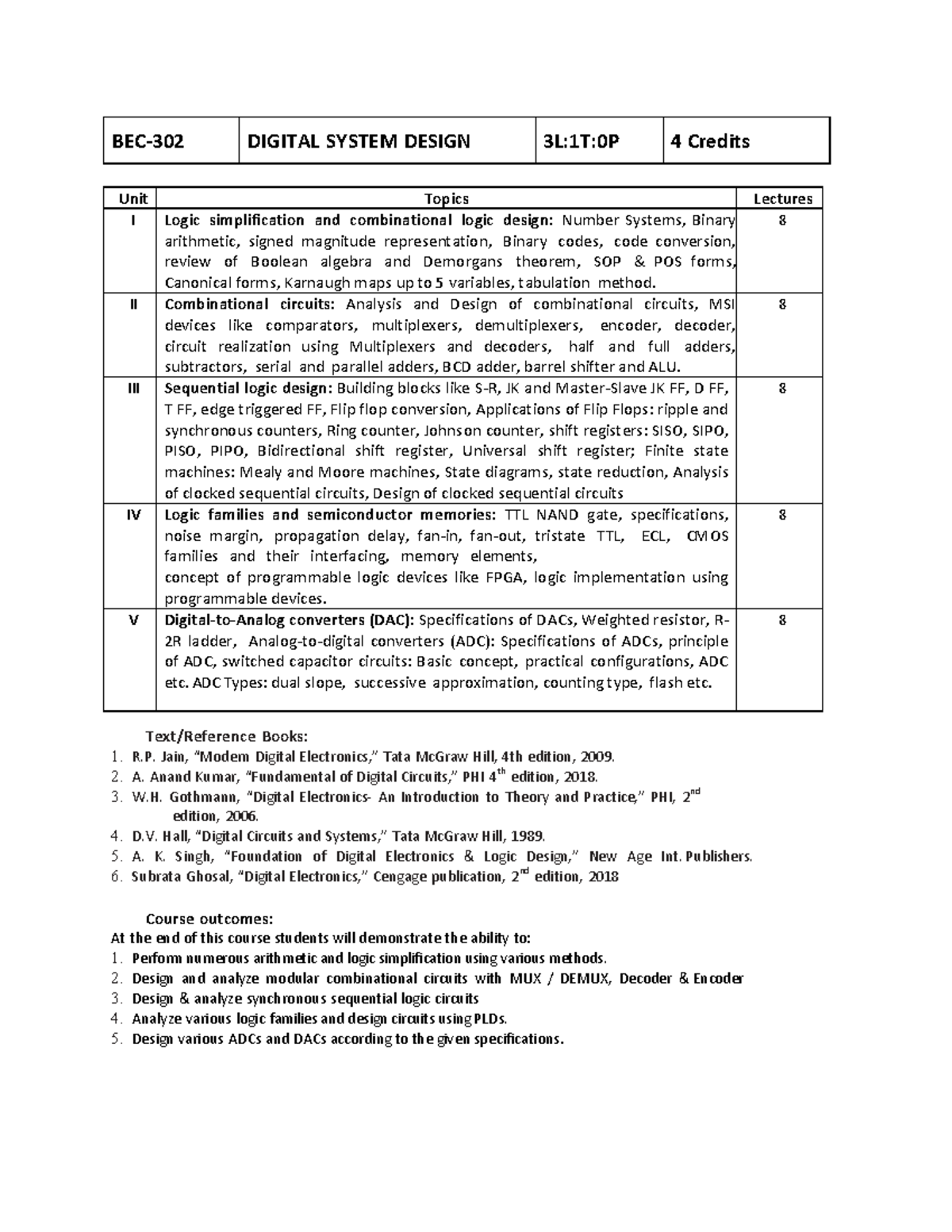 DSD Syllabus: Digital System Design 3L:1T Course Overview - Studocu