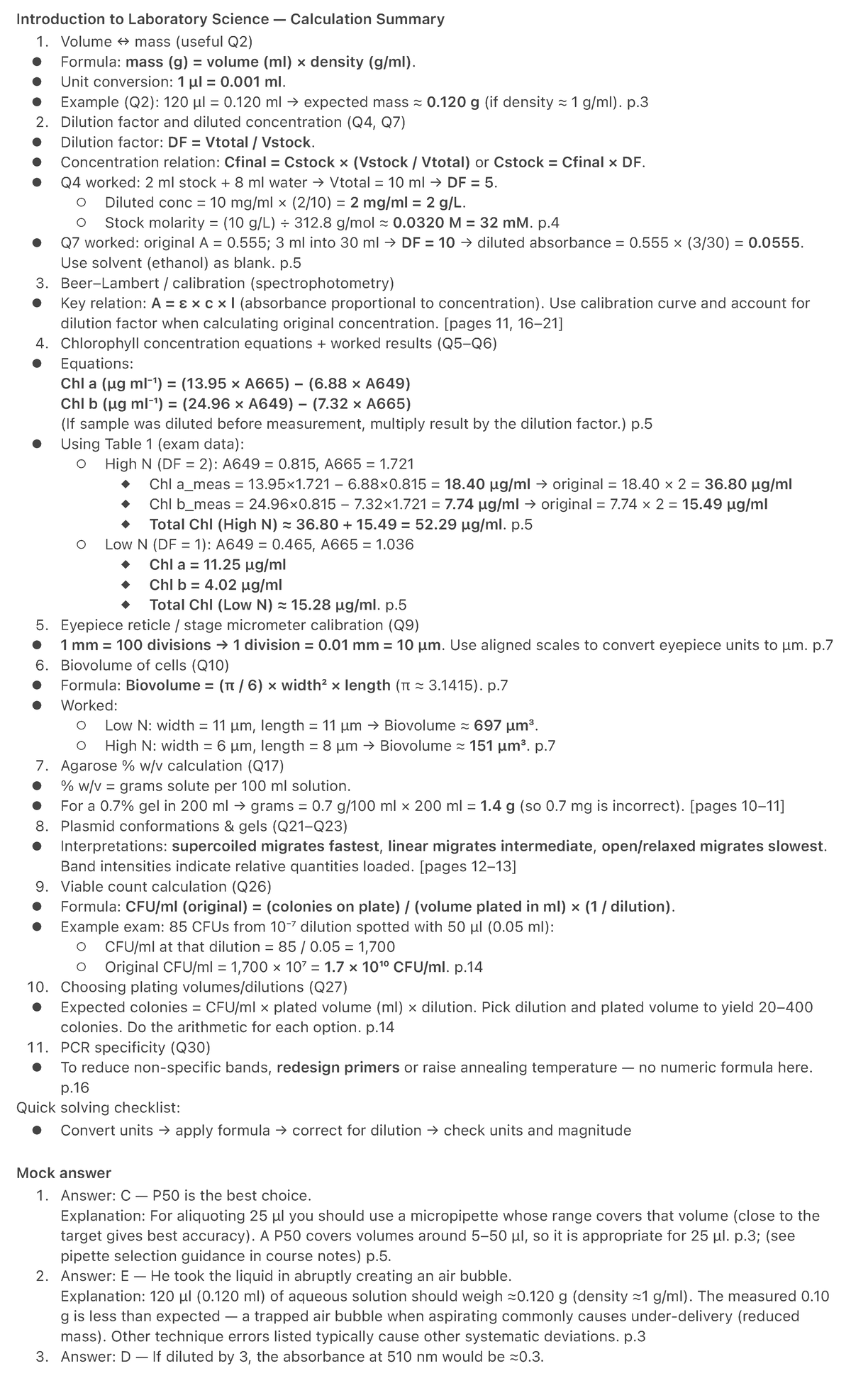 Introduction to Laboratory Science (1 0 3) Calculation Summary - Studocu