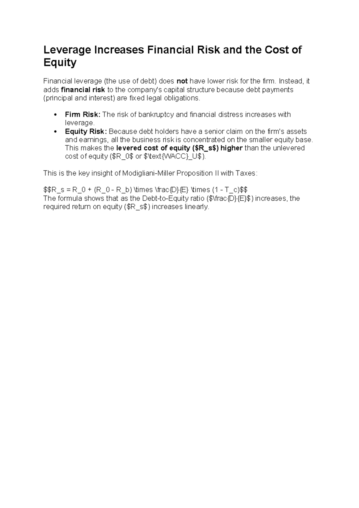 Leverage Analysis: Financial Risk & Cost of Equity Concepts - Studocu