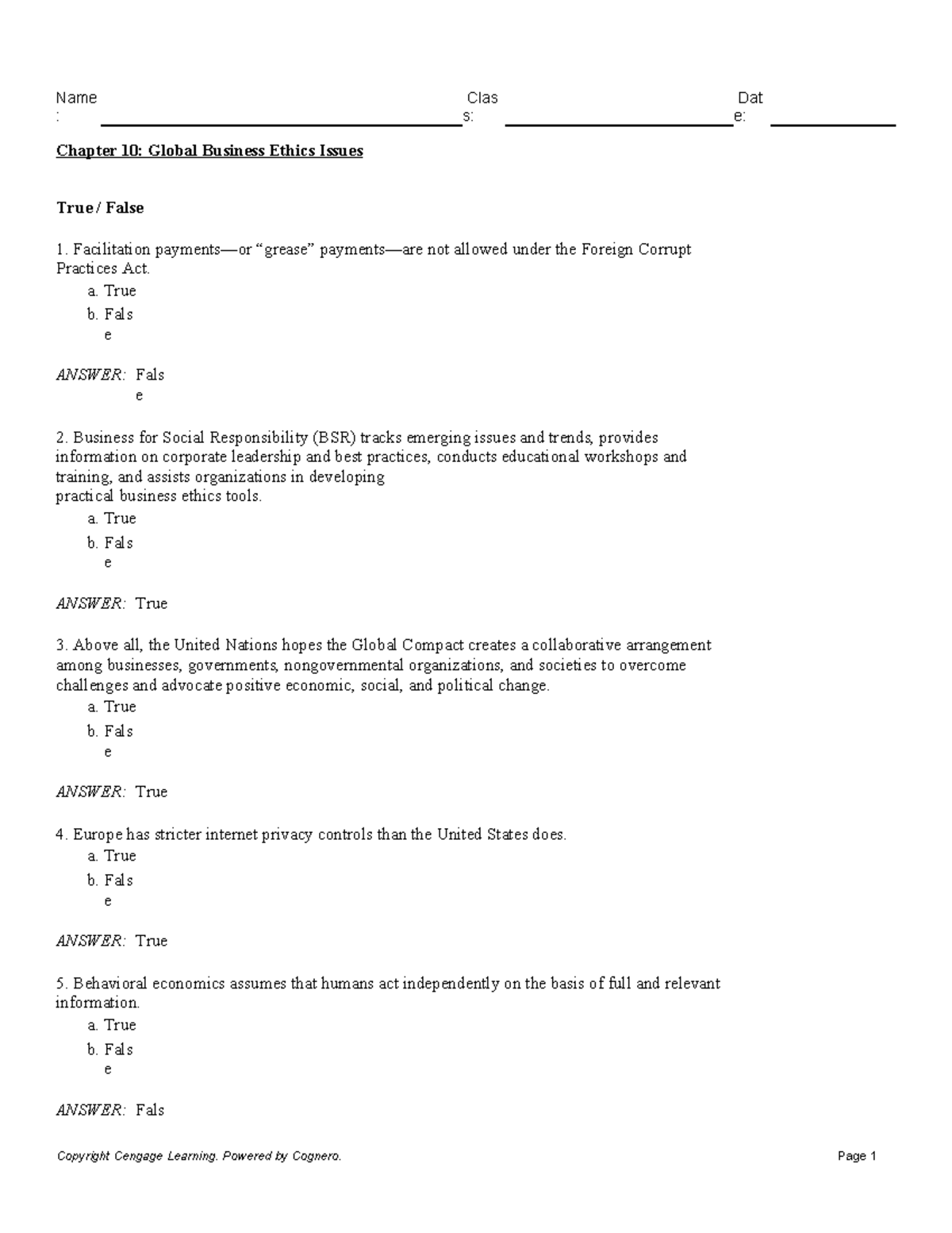 CH10 - Global Business Ethics Issues Test Bank - Studocu