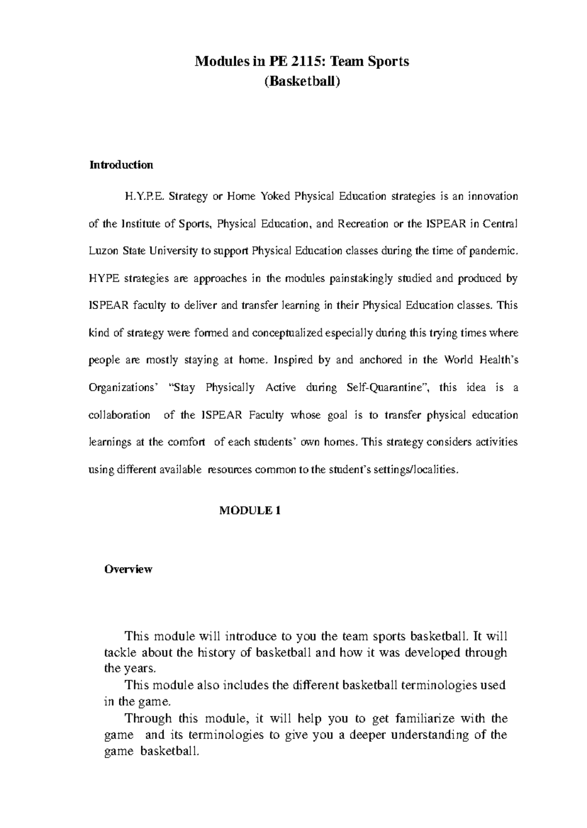 Historical Background of Basketball in PE 2115 Team Sports Module - Studocu