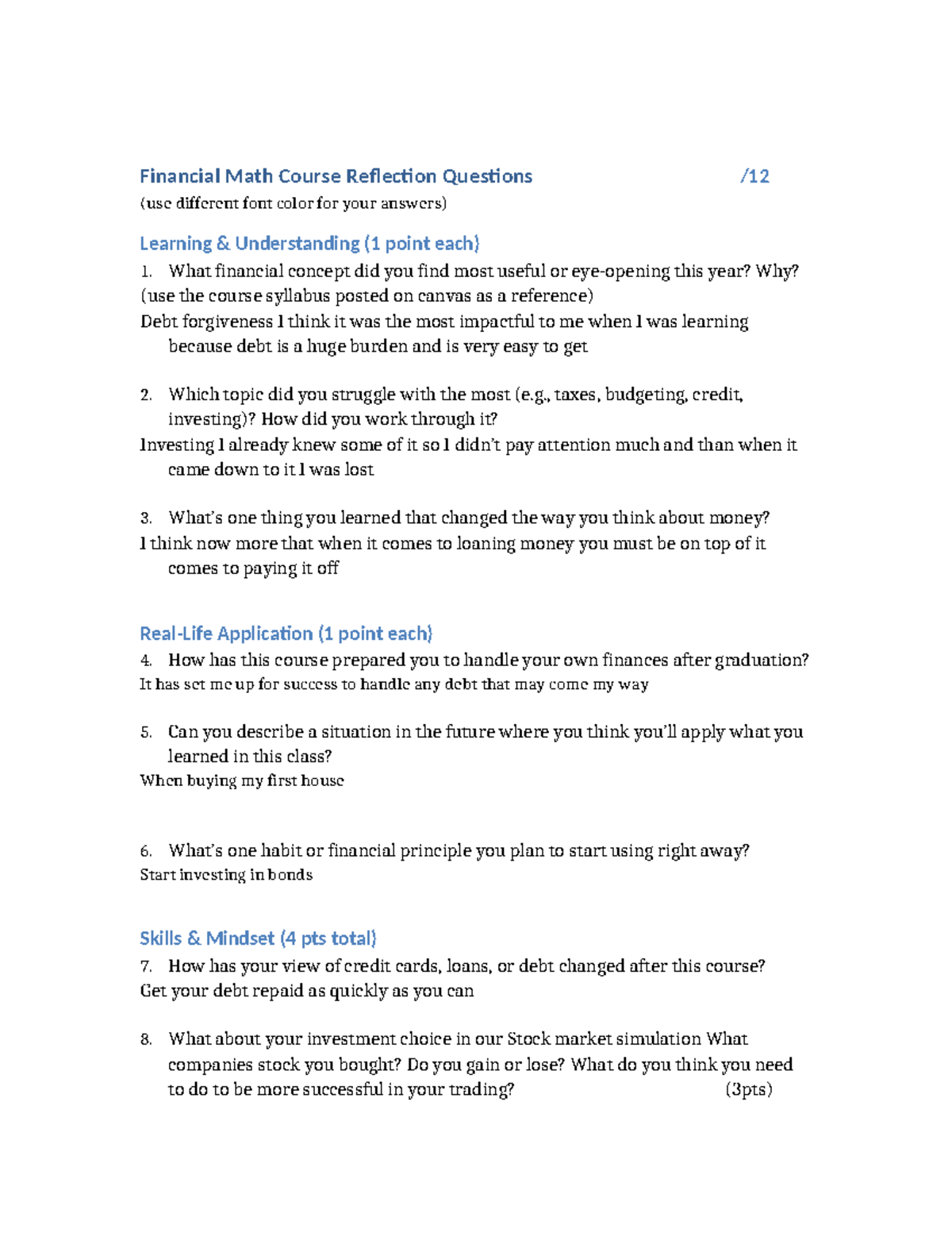 Financial Math Reflection Questions - Course Code: FM101 - Studocu