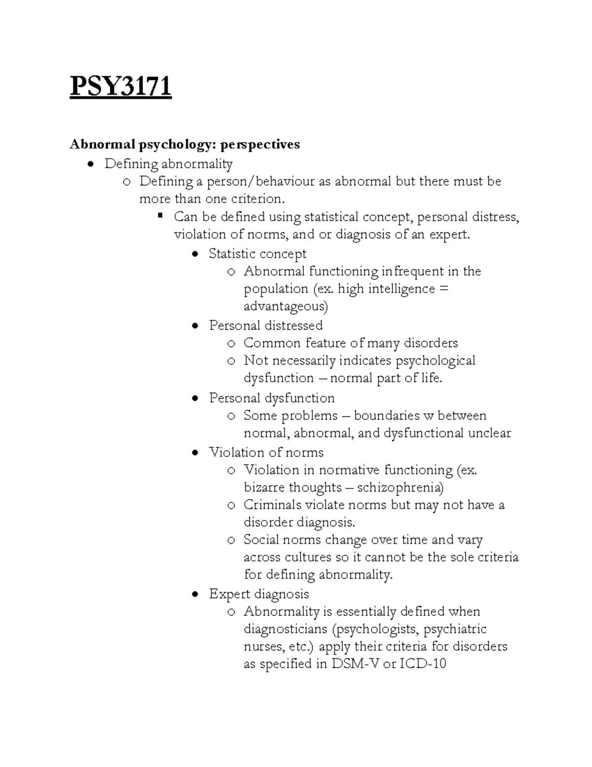 PSY3171 - Lecture Notes on Abnormal Psychology Concepts - Studocu