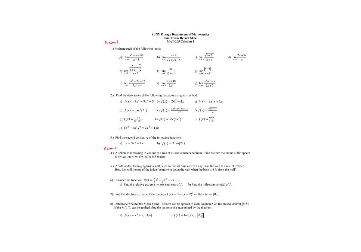 Final Exam Review Sheet for MAT-205 Calculus I - Spring 2023 - Studocu