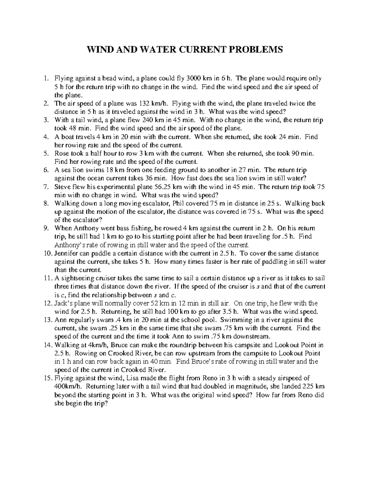 Algebra Word Problems Windand Water Current Problems All - WIND AND ...