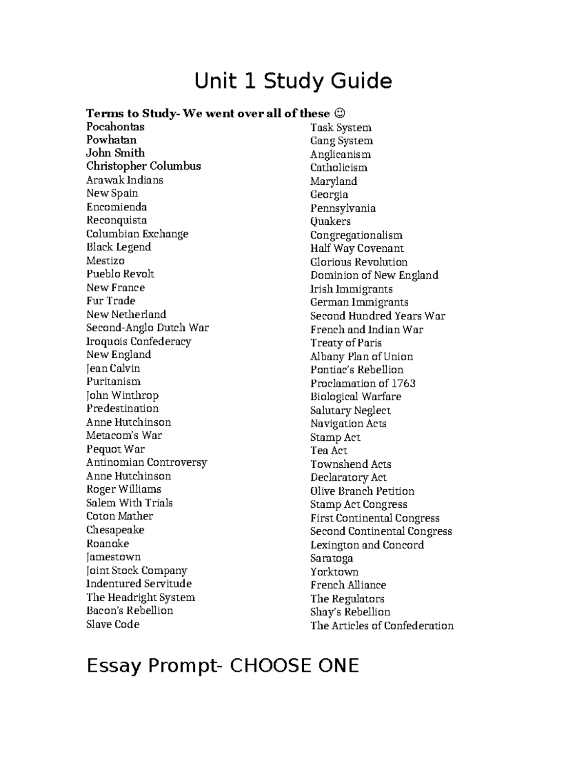 Unit 1 Study Guide: Key Terms & Essay Prompt Analysis - Studocu
