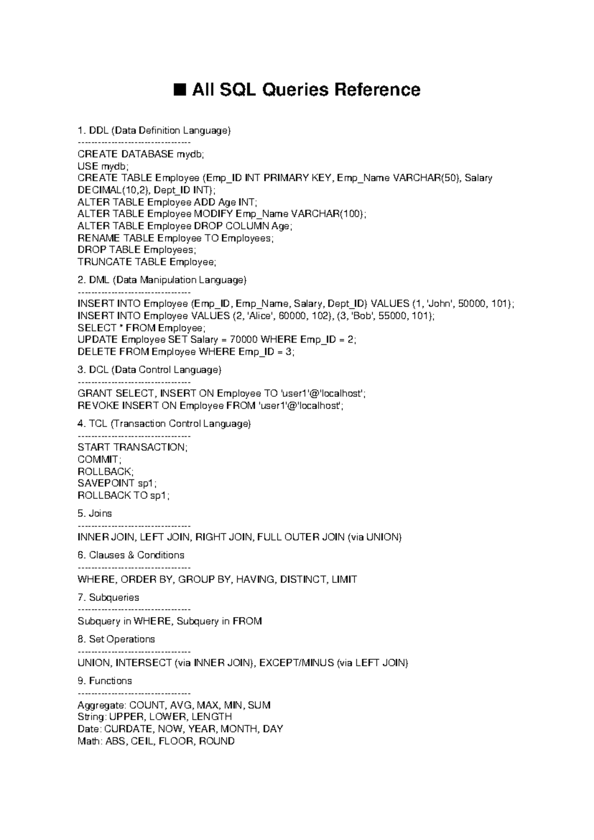 SQL Queries Reference Guide: DDL, DML, DCL, TCL, Joins & More - Studocu