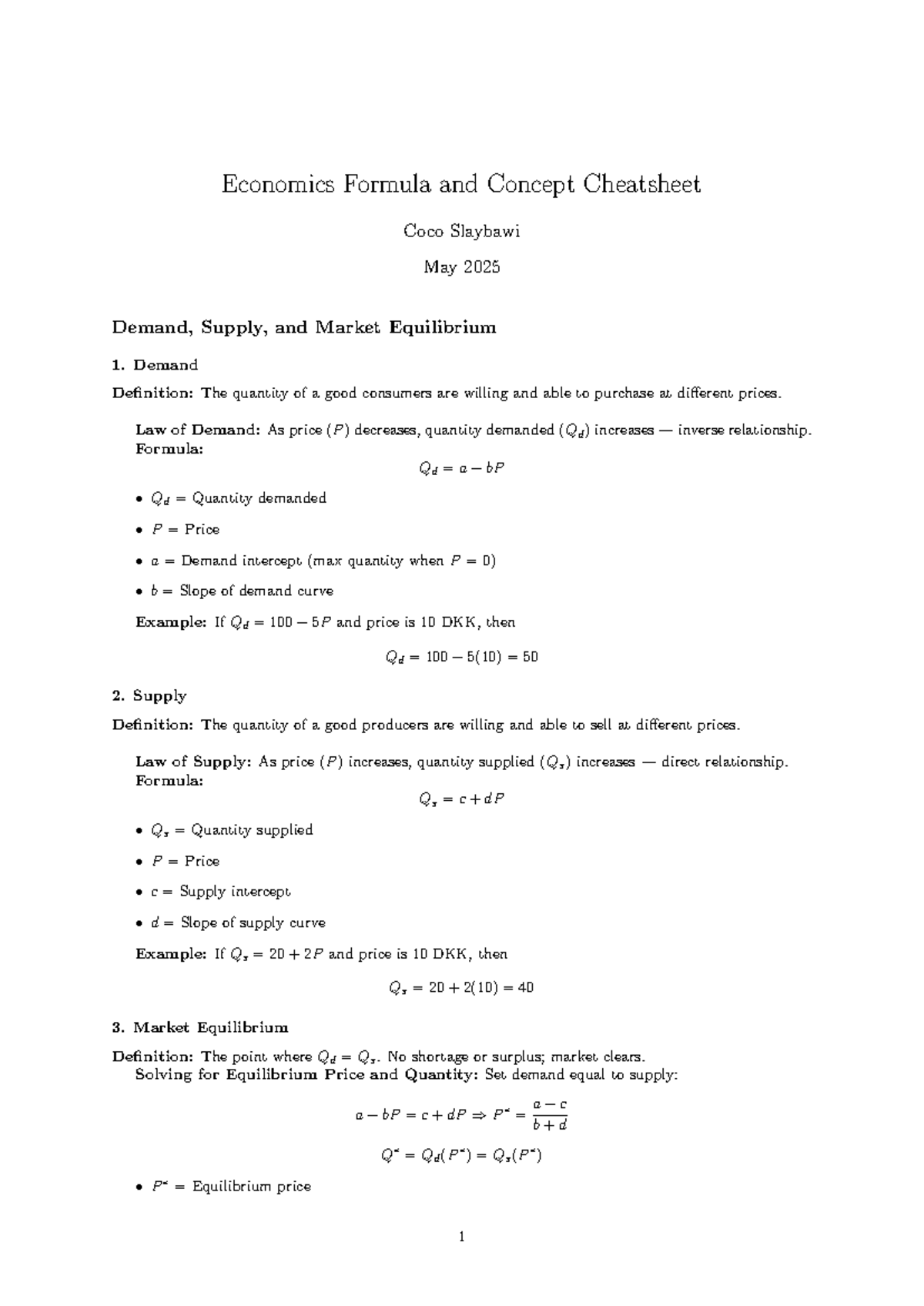 Econ 101: Demand, Supply, and Market Equilibrium Cheatsheet - Studocu