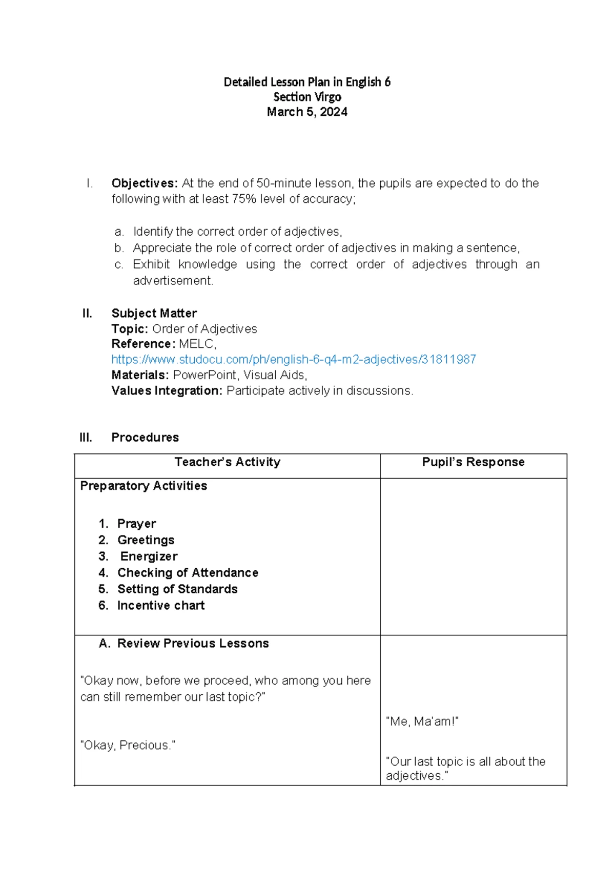 English 6 Lesson Plan: Degrees of Adjectives - Section Virgo - Studocu
