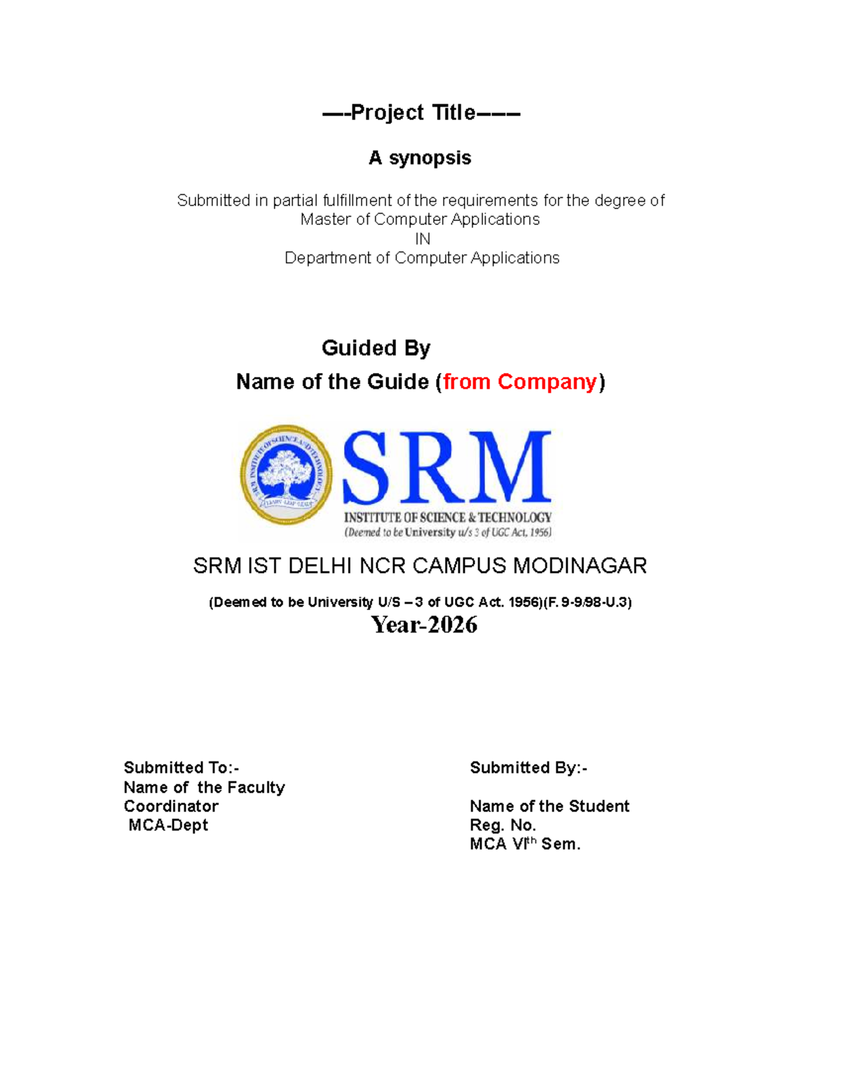 MCA IV Final Year Project Synopsis - 2026 - Studocu