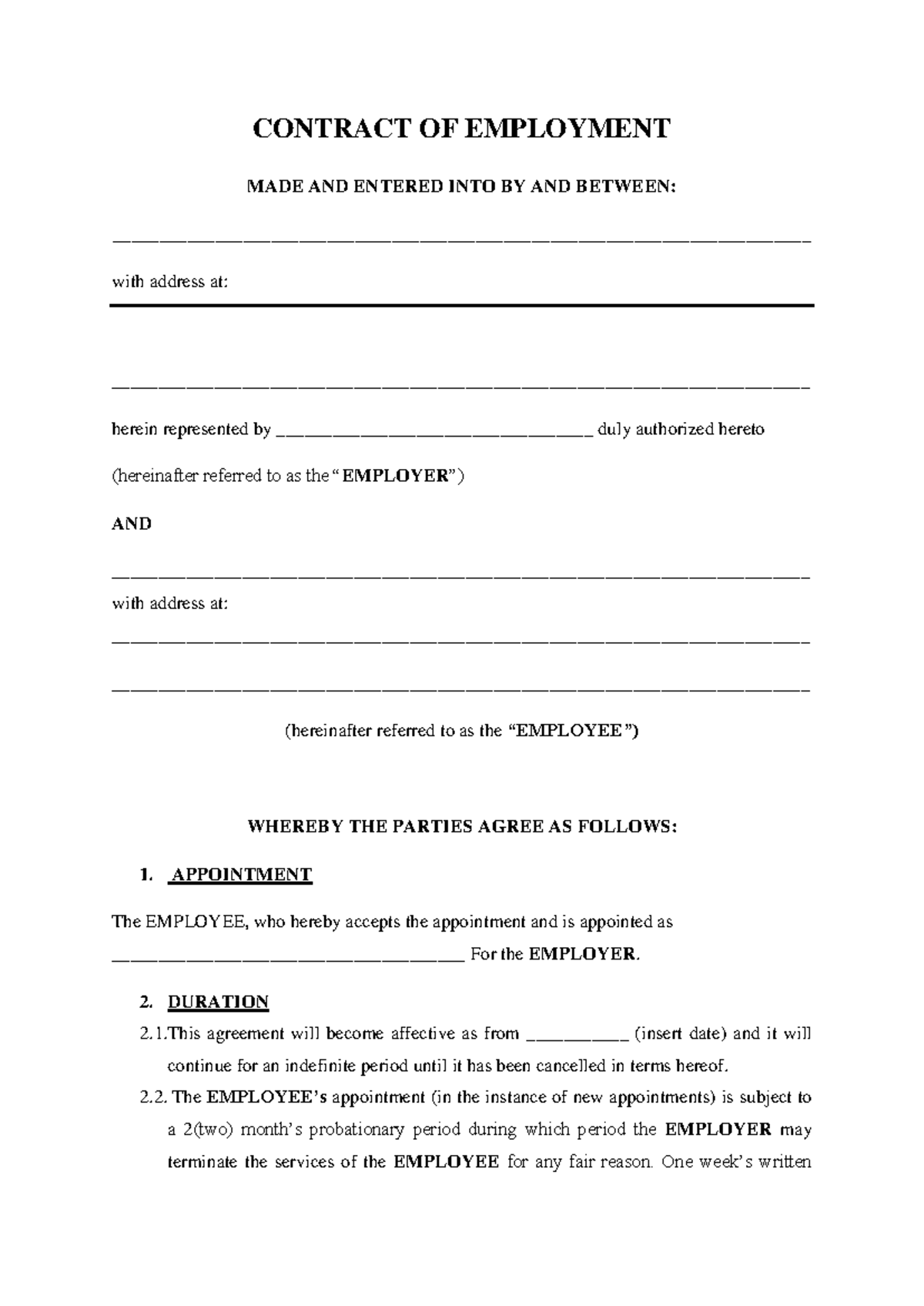 Employment Contract Template for Review and Customization - Studocu