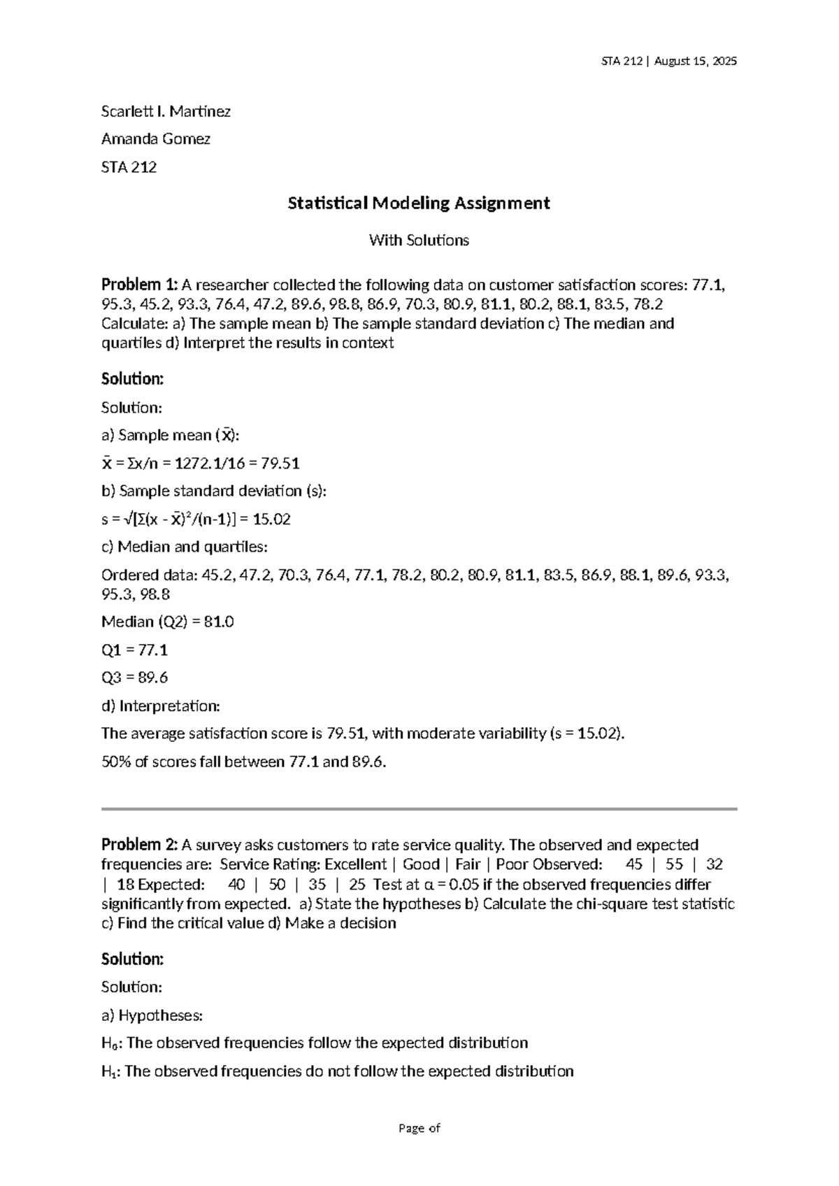 STA 212 Statistical Modeling Assignment Solutions and Analysis - Studocu