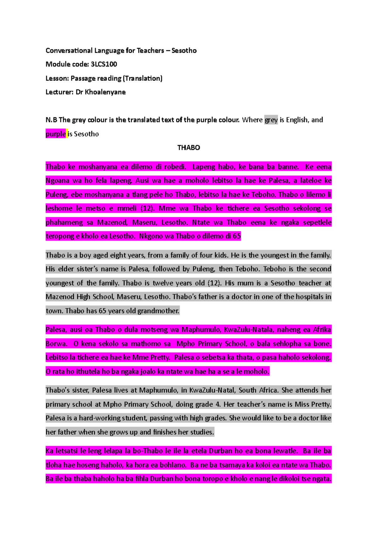 3LCS Lesson: Conversational Language Passage Translation in Sesotho ...