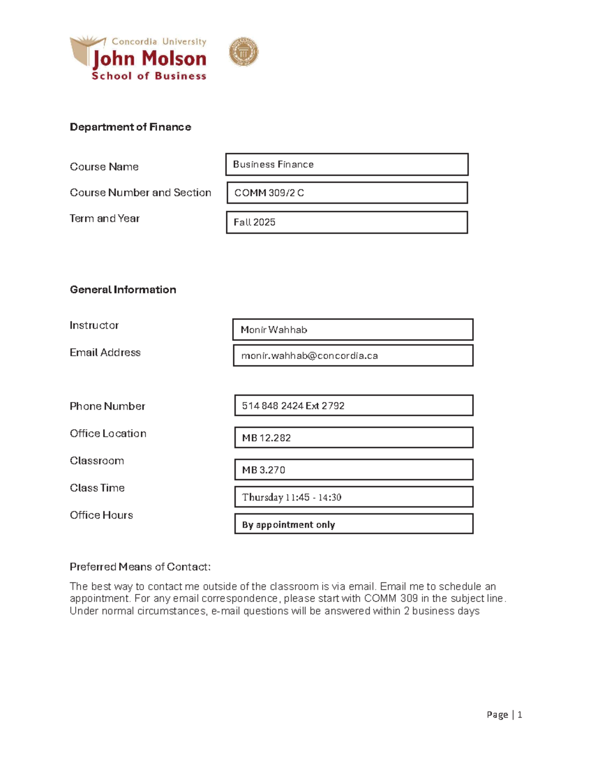 COMM 309 C Fall 2025 Business Finance Course Outline - Studocu