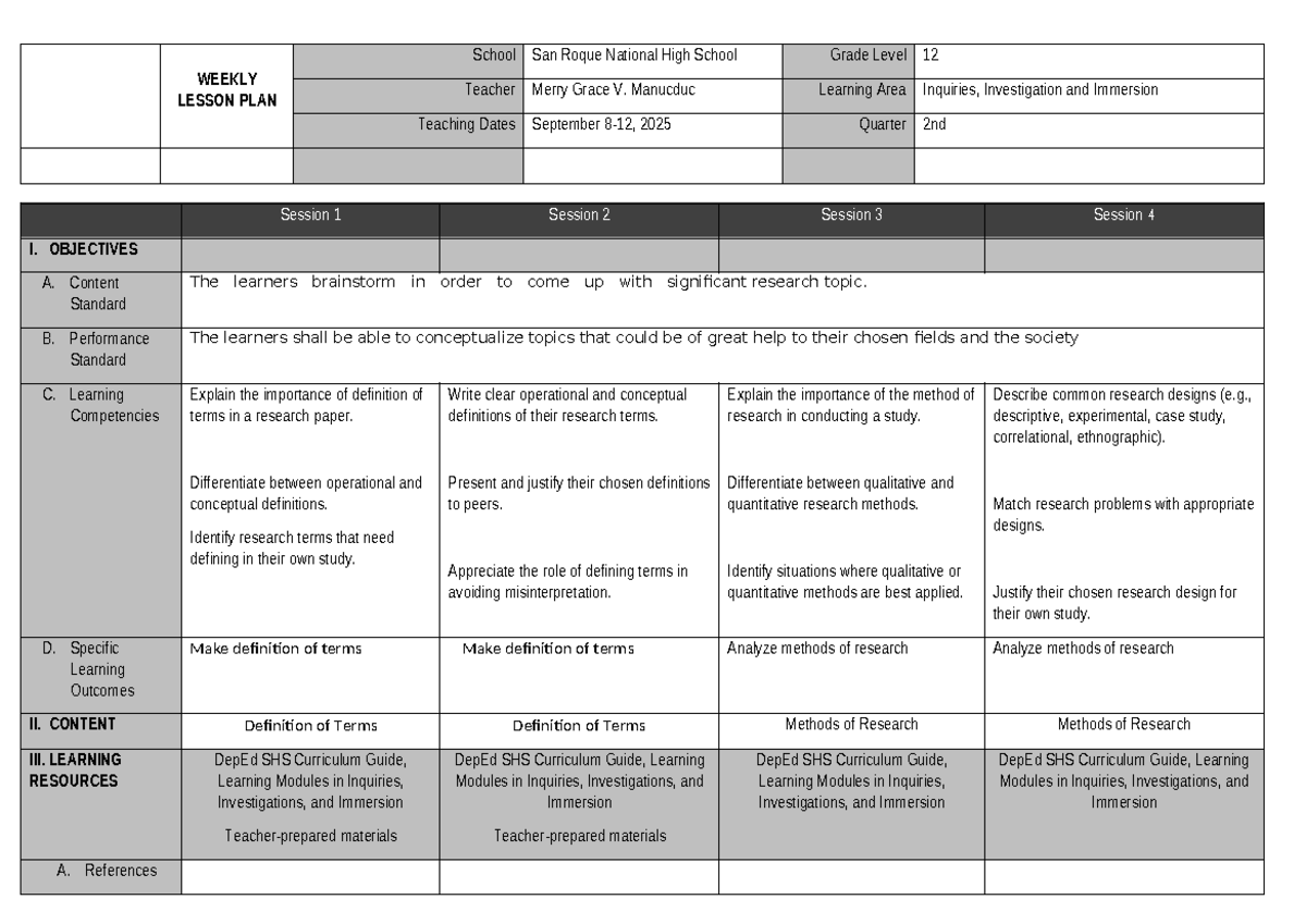 DLL III Lesson Plan: Definition of Terms & Research Methods - Studocu