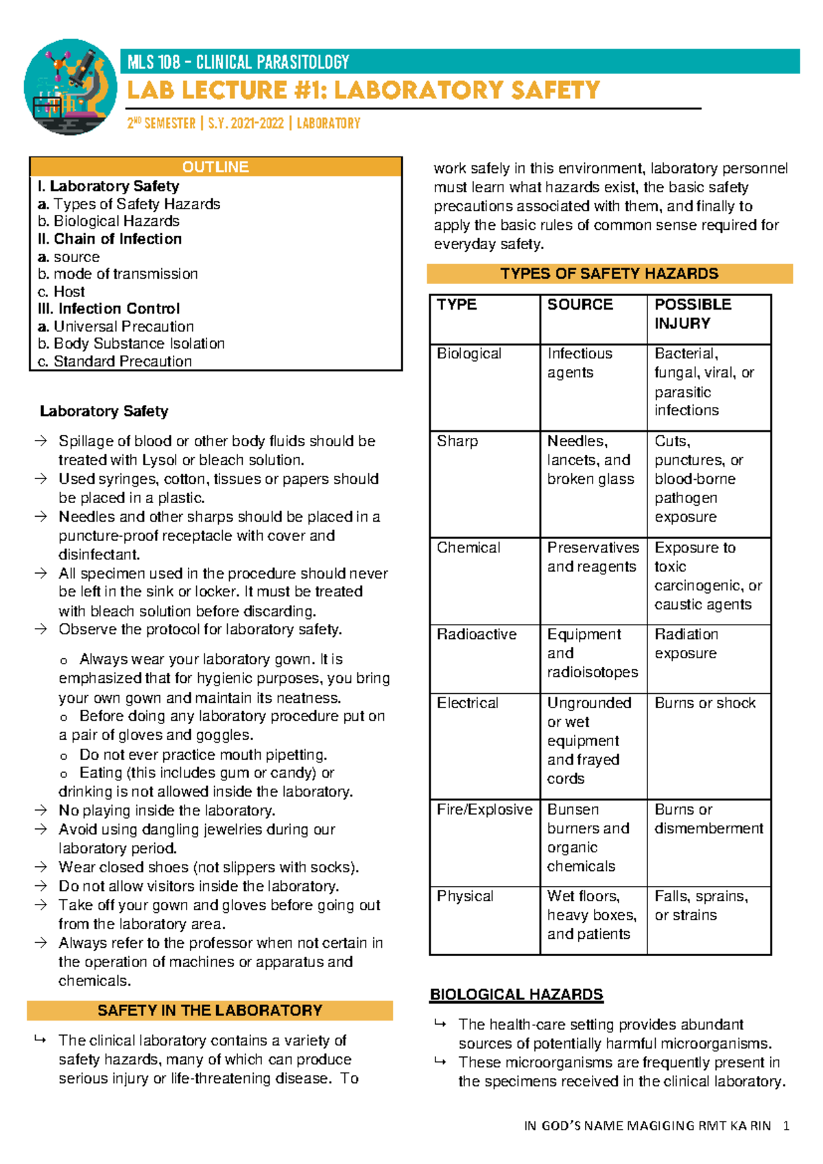 Mls 108: Clinical Parasitology Lab Safety & Infection Control ...