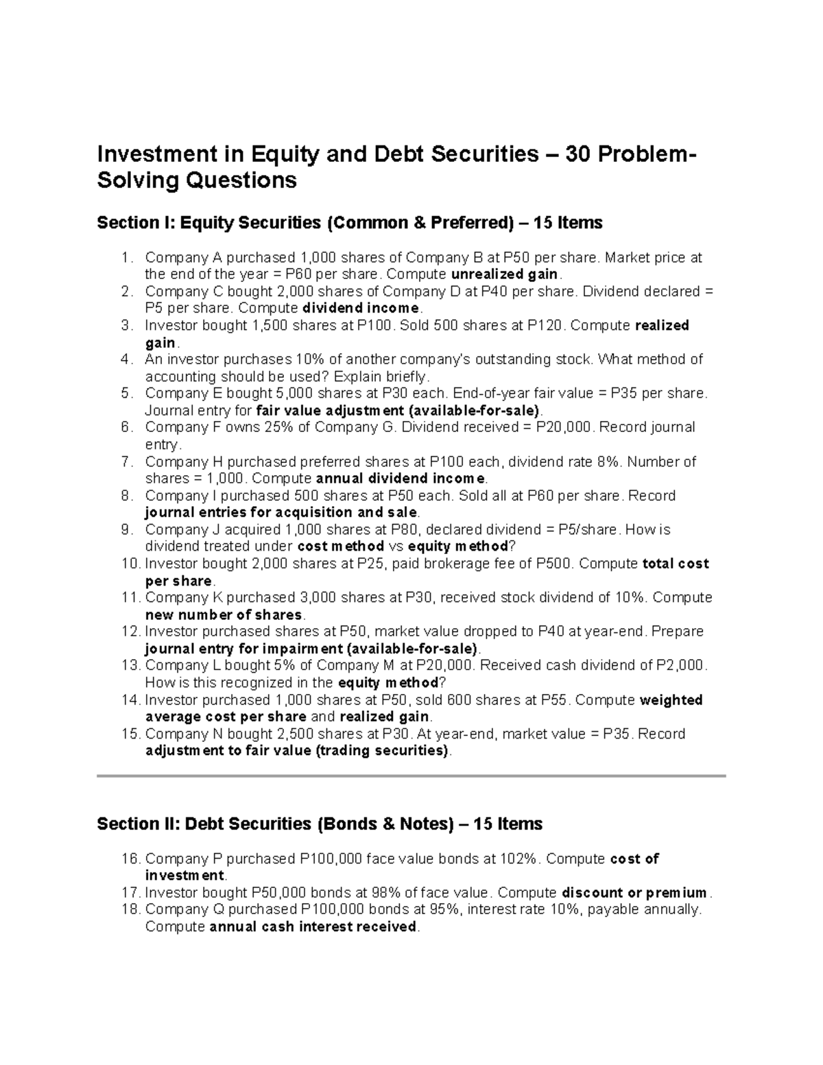 Investment in Equity & Debt Securities: 30 Problem-Solving Qs - Studocu