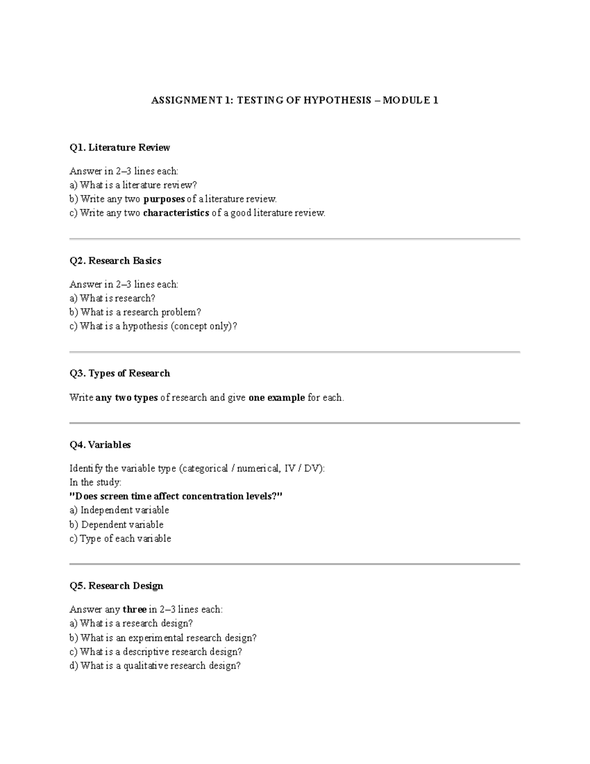 TOH Assignment 1: Hypothesis Testing & Literature Review Insights - Studocu