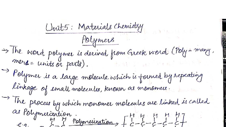 Unit 5: Materials Chemistry - Polymers Overview and Applications - Studocu