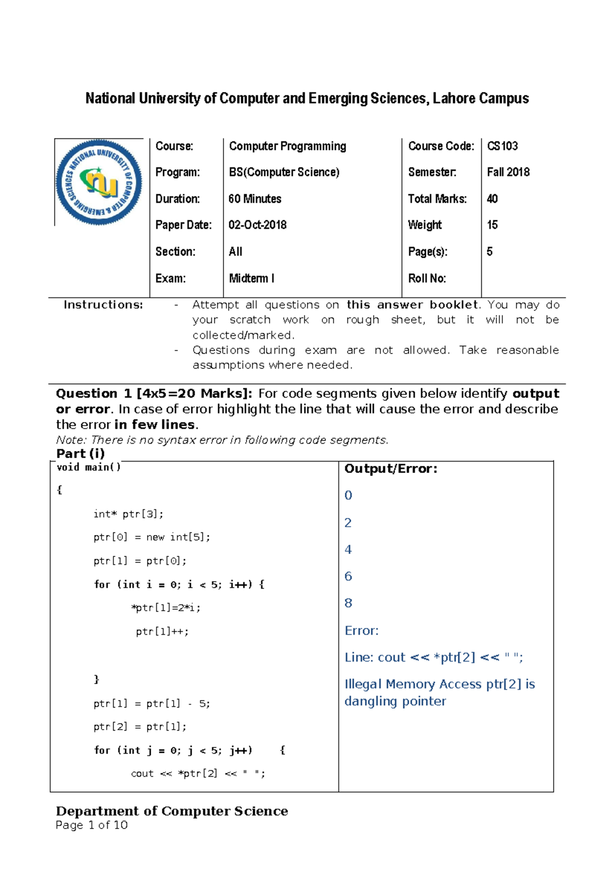 2018 - Midterm 1 Solution - Spring - OOP - National University of ...