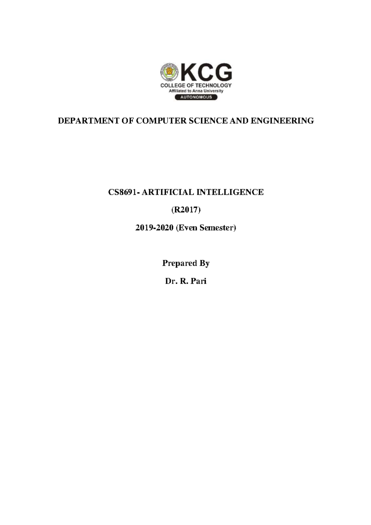 Cs8691 Artificial Intelligence Department Of Computer Science And