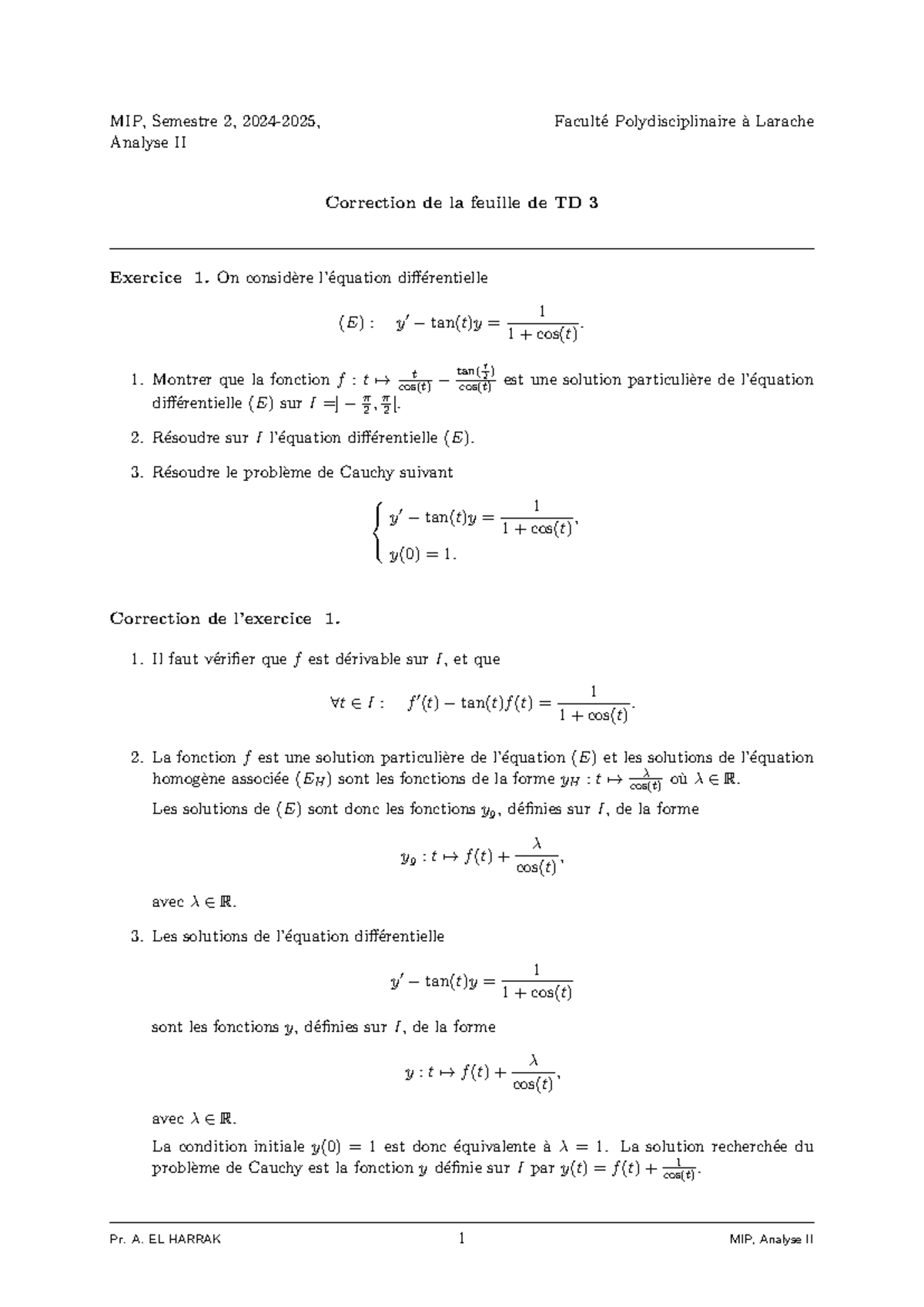 MIP, Semestre 2, Analyse II - Corrections des Exercices de TD 3 - Studocu