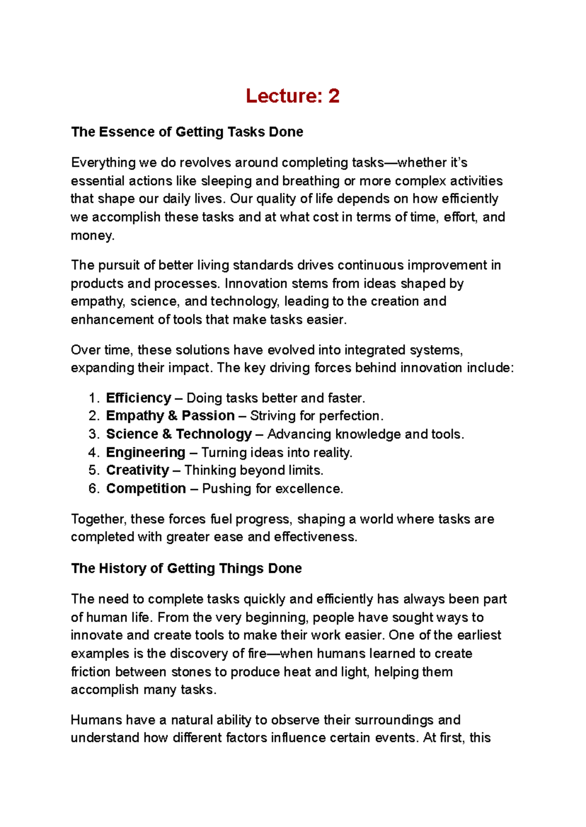 Lecture 2: The Essence of Getting Tasks Done and Innovation - Studocu