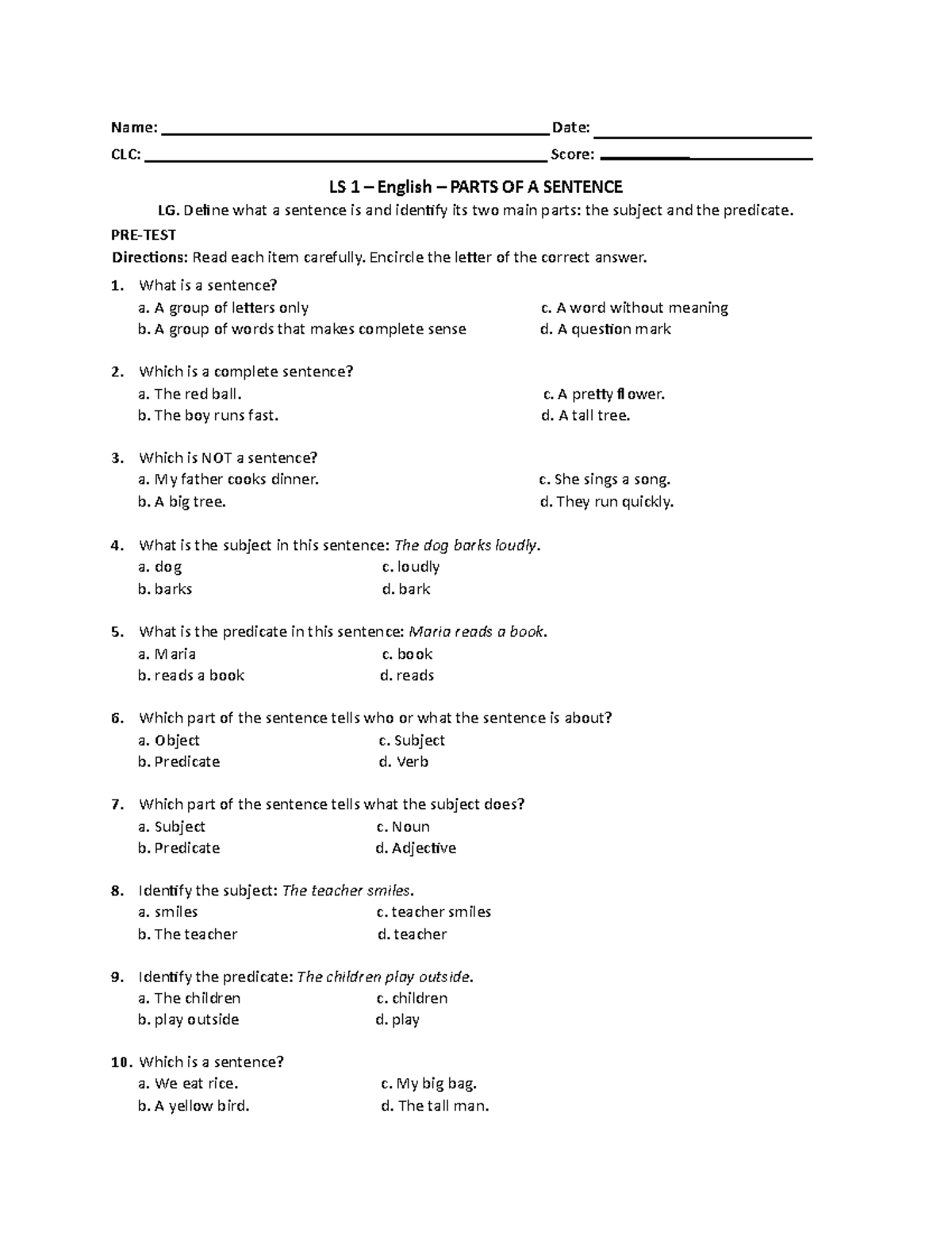 Week 3 - LS 1 English - Parts of a Sentence: Subject & Predicate Test ...