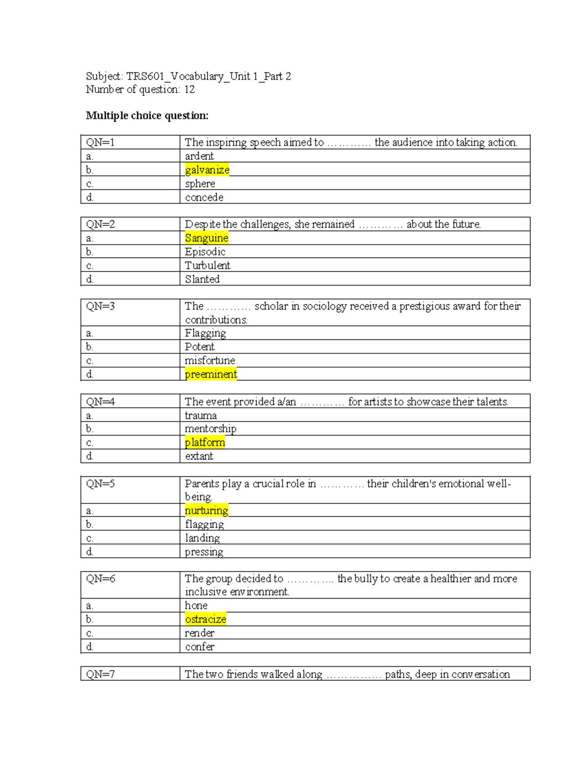 TRS601 Vocabulary Practice: Unit 1 & 2 Multiple Choice Questions - Studocu