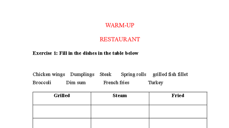 Restaurant Test: Exercise 1 & 2 - Ôn Tập Tiếng Anh - Studocu