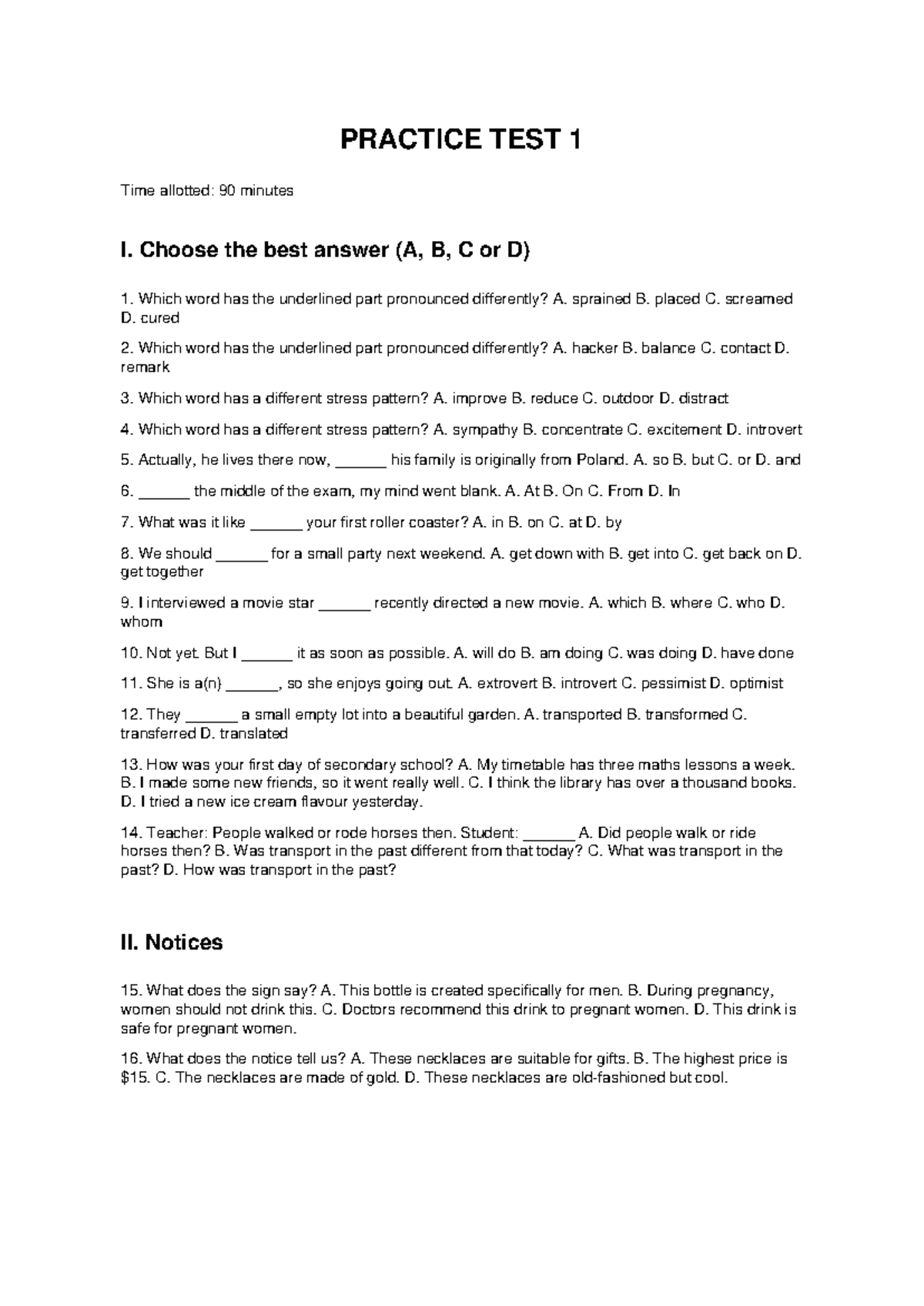 Practice Test 1 - English Language Skills Assessment - Studocu