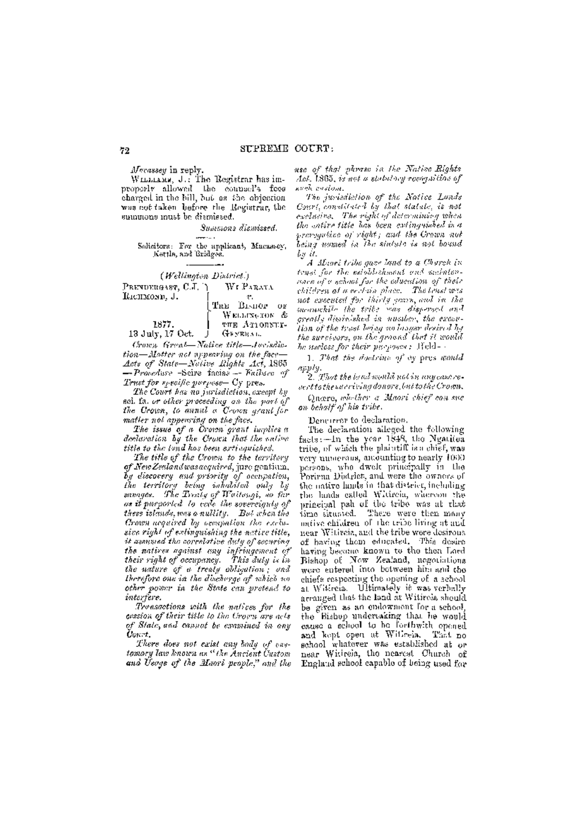 Supreme Court Case Study: Wi Parata v. Bishop of Wellington - Studocu