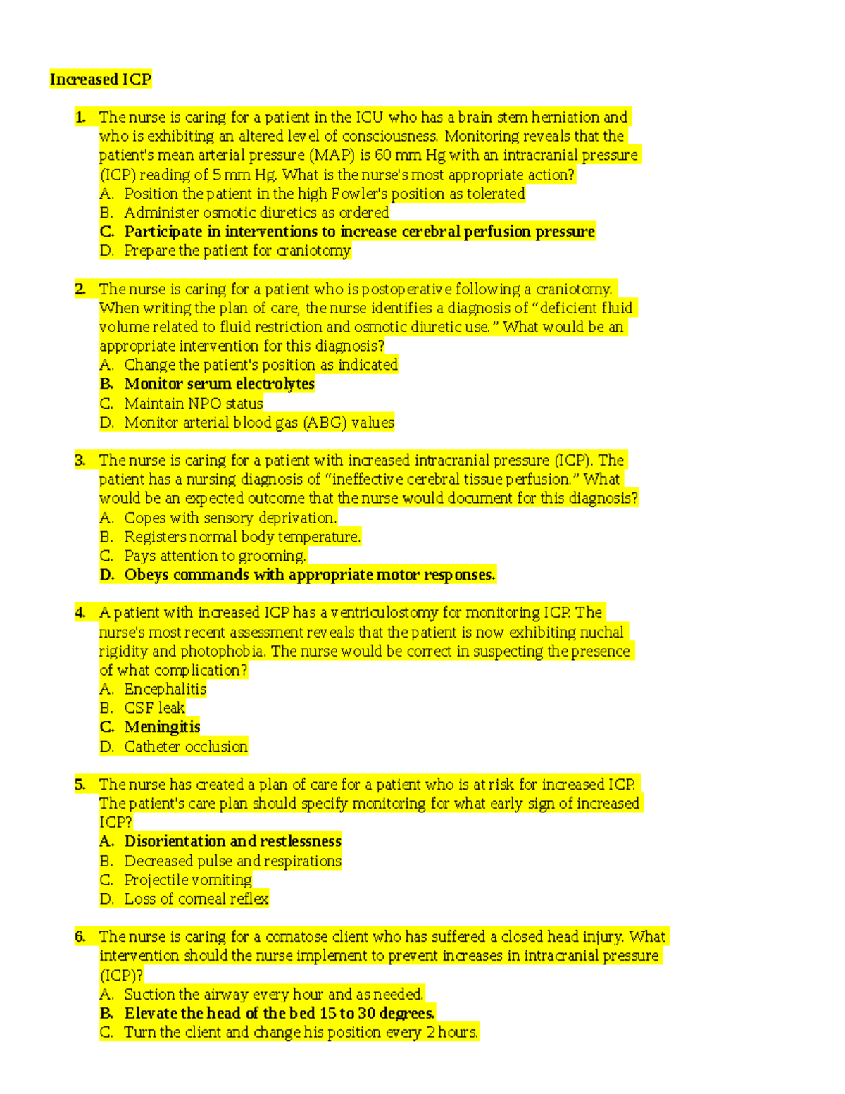Med Surg 3 Q Comprehensive Exam Review For Increased Icp Management