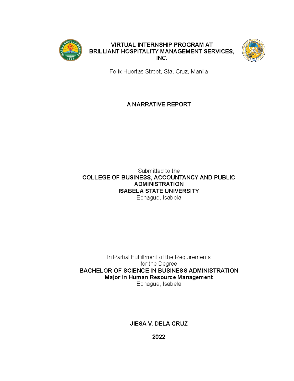 Narrative Report on Virtual Internship Program BSBA HRM - Studocu