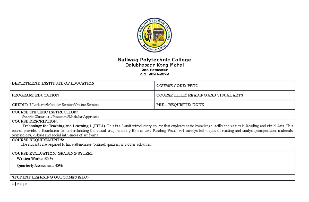 PBNC 2nd Sem Syllabus: Reading and Visual Arts Course Overview - Studocu