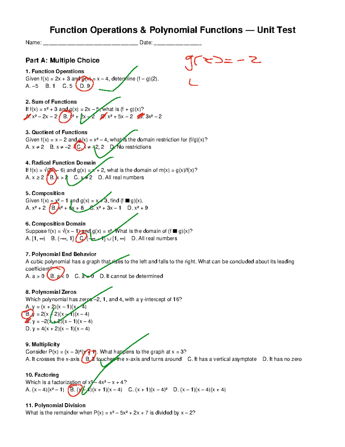 Function Operations Polynomial Functions Unit Test - Function ...