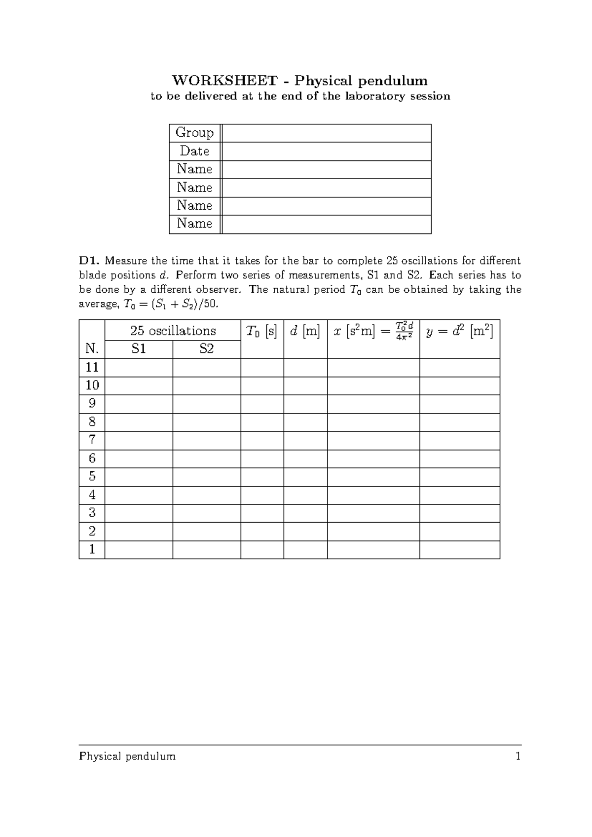 Physical Pendulum Worksheet - Lab Session Analysis - Studocu