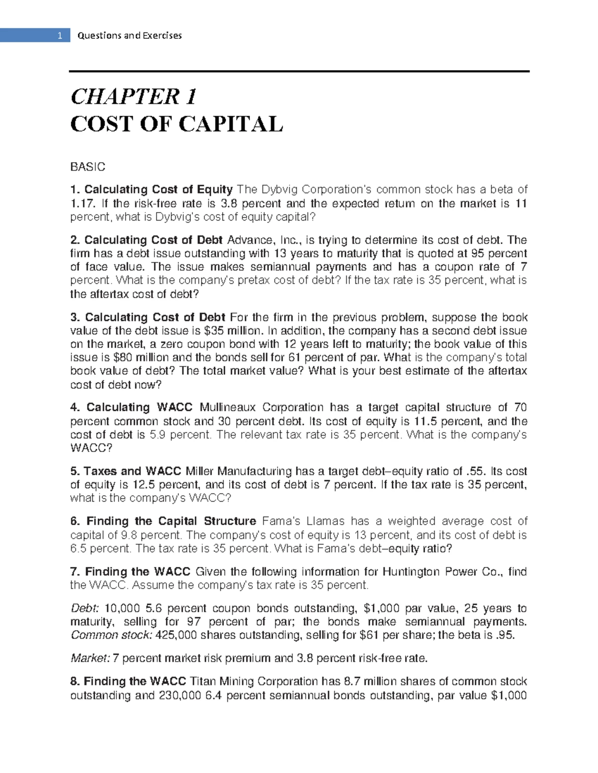 Chapter 1 - Cost of Capital Exercises and Solutions (Finance 101) - Studocu