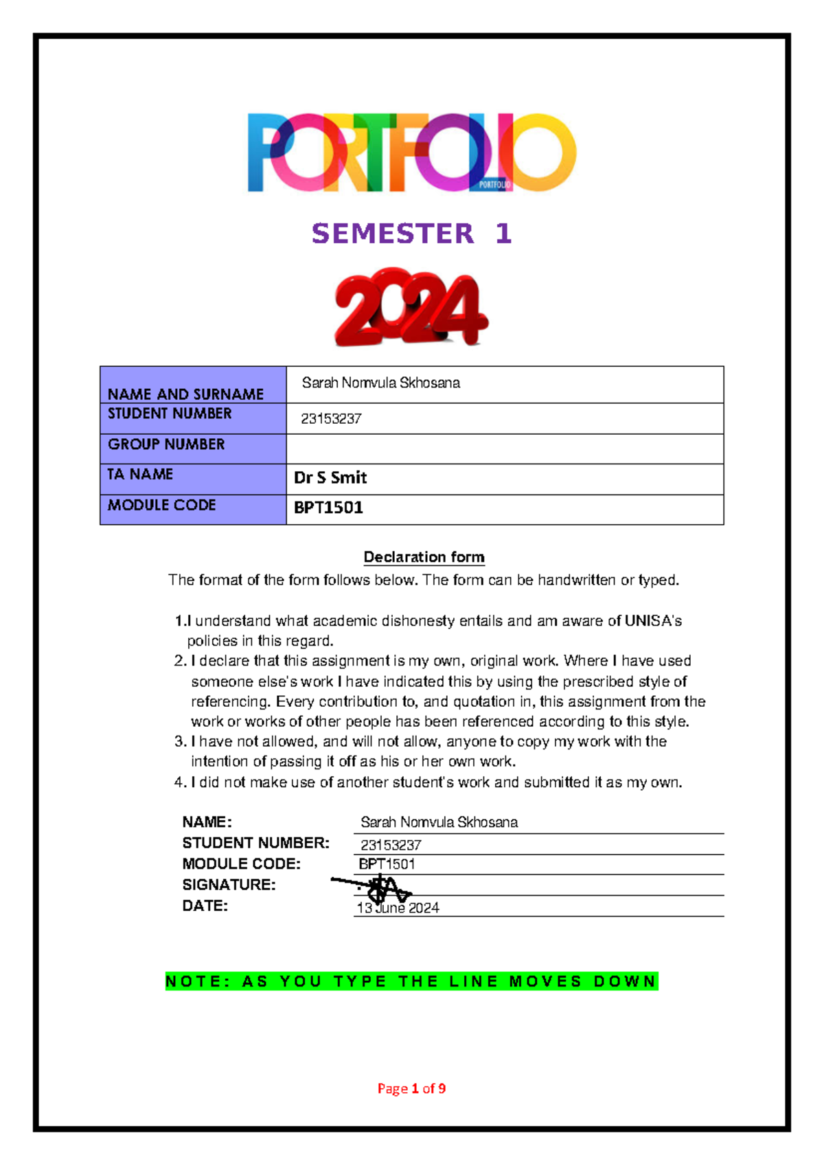Portfolio Template - S1 - 2024BPT - SEMESTER 1 NAME AND SURNAME STUDENT ...