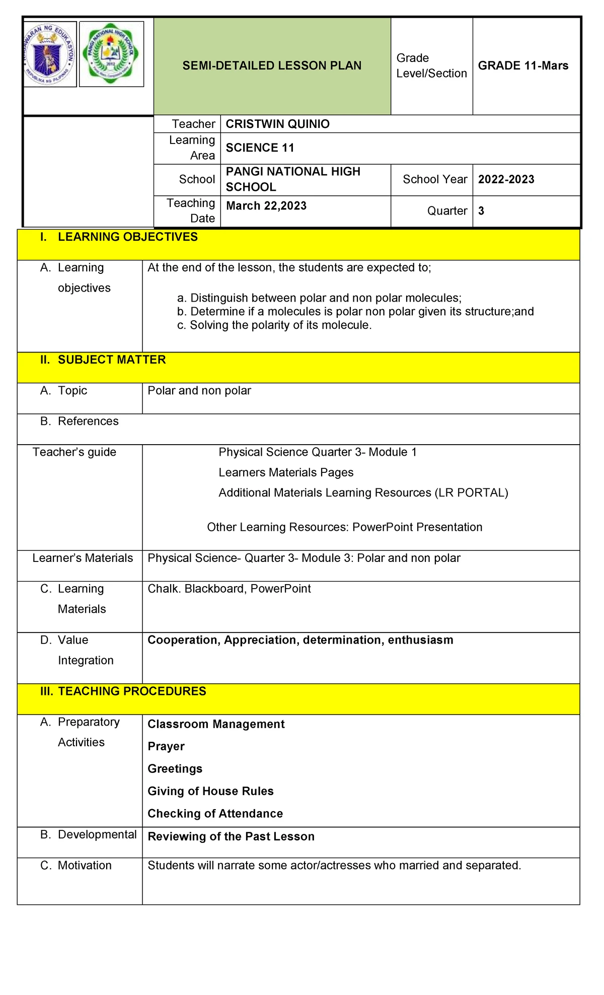 Atoms Lesson Plan for Grade 8 - SCI 8 - Studocu