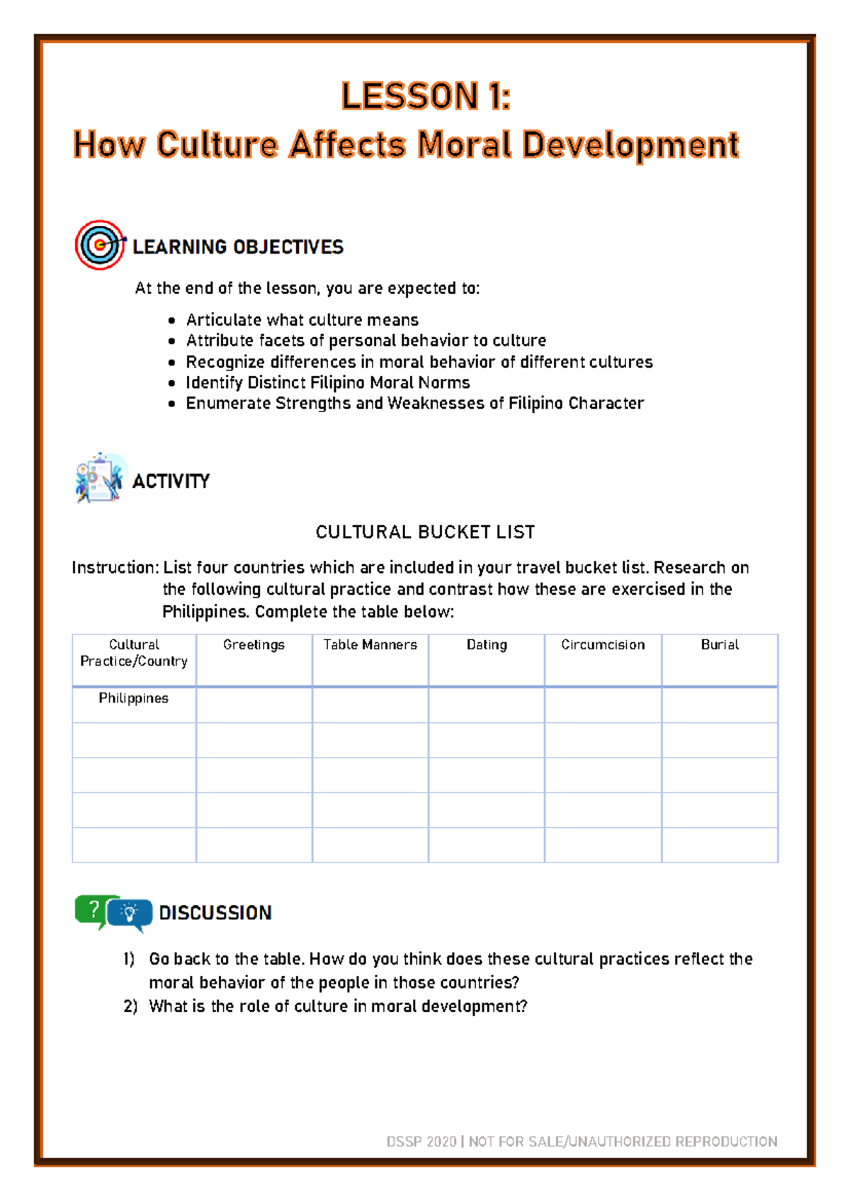 Lesson 1 Culture AND Morality - CULTURAL BUCKET LIST Instruction: List ...