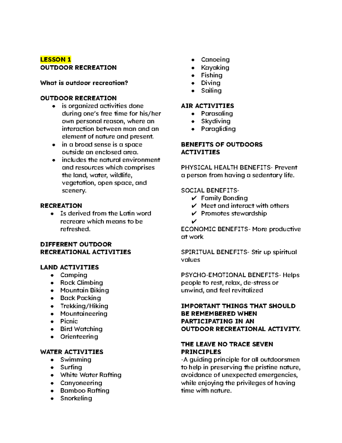 FITT-4- Lesson Handouts: Exploring Outdoor Recreation Activities - Studocu