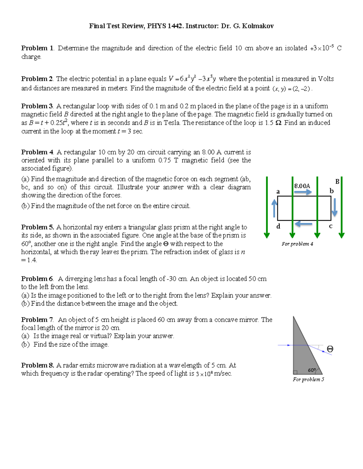 PHYS 1442 Final Test Review with Solutions and Key Concepts - Studocu