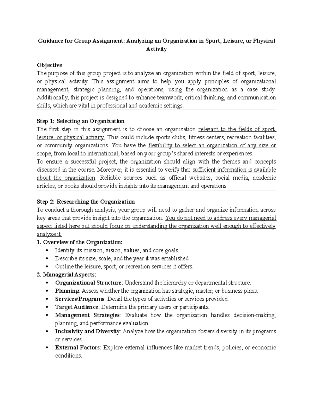 Guidance for Group Assignment: Org Analysis in Sport & Leisure - Studocu