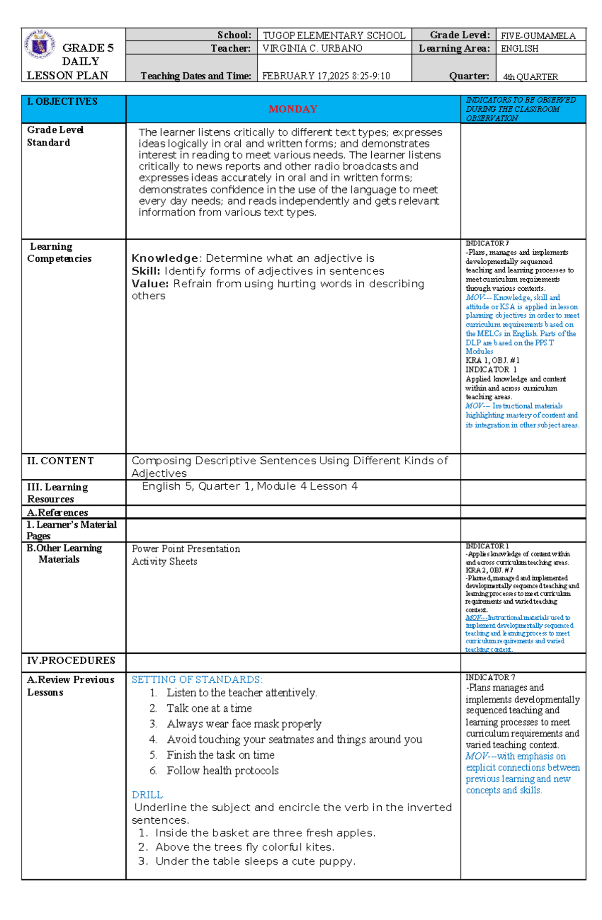 COT 1 Daily Lesson Plan for Grade 5 English - February 17, 2025 - Studocu