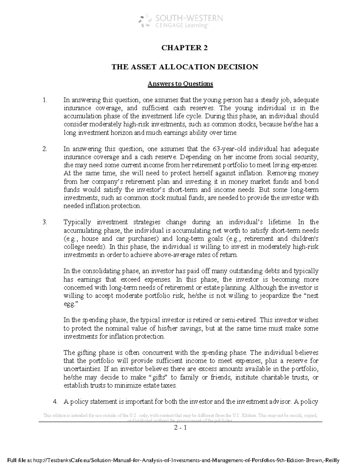 Investment Analysis Solutions: Asset Allocation Decisions (Ch. 2) - Studocu