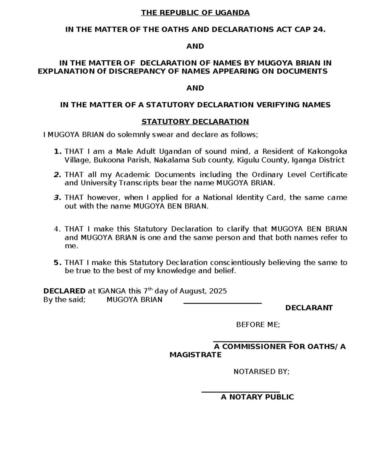 Mugoya Brian Statutory Declaration - Civil Litigation Case - Studocu