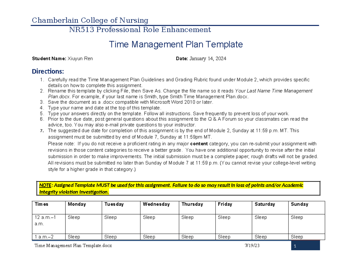 NR513 Time Management Plan for Professional Role Enhancement - Studocu