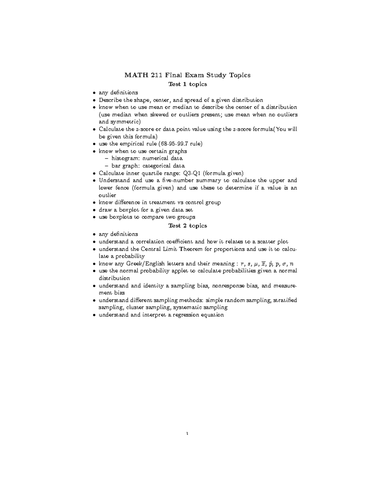 MATH 211 Final Exam Study Topics and Review Guide - MATH 211 Final Exam ...